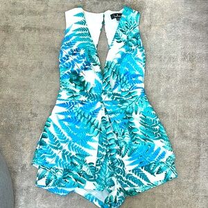 Lulu's Tropical Blue and Green Romper with Plunging V-Neckline